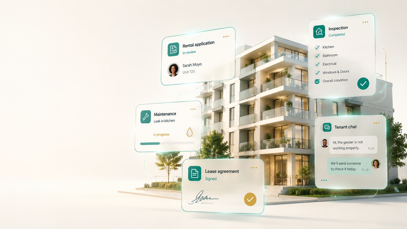 A modern white residential building in daylight with PropBoard app modules — rental application, inspection, maintenance, lease and tenant chat — shown as clean cards